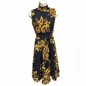 Nanette Lepore Black and Yellow Floral Midi Dress Parisian Chic Romantic Noir